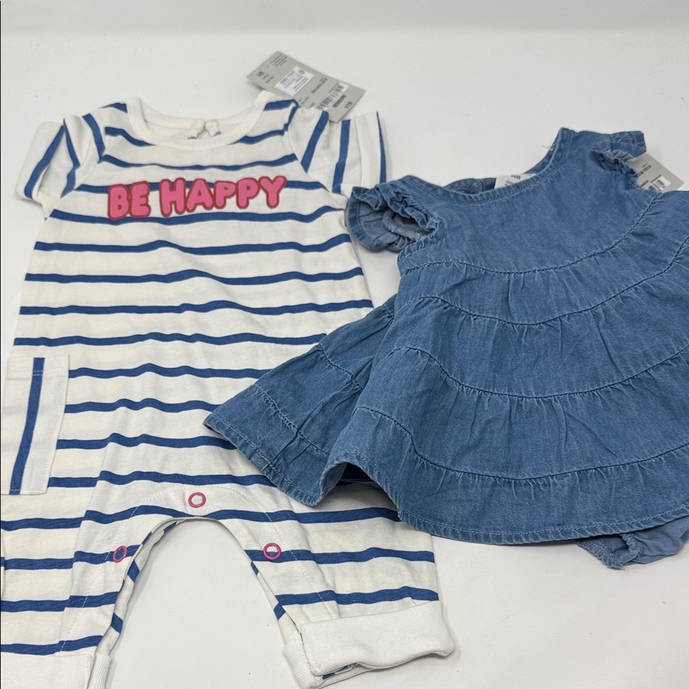 Okie Dokie in Striped Baby Romper and Blue Dress Set Newborn Size Baby Clothes